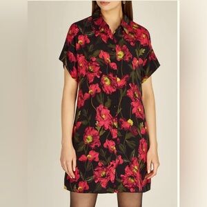 Alice + Olivia Lucette Black and pink poppy print shirt dress Size M
